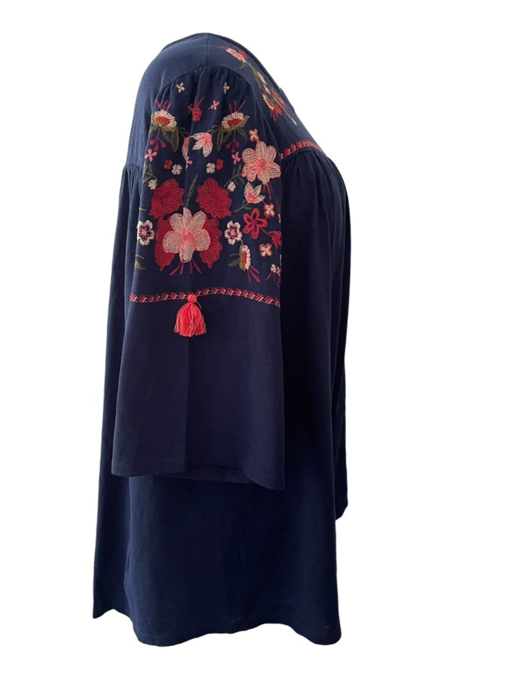 St. John's Bay Navy Tunic, Pink & Red Floral Embroidery, 3/4 sleeve, Tassels XXL - Picture 2 of 9